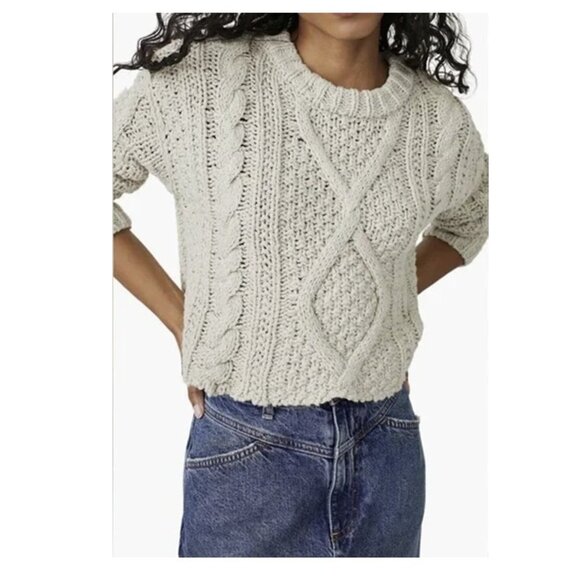 Free People Cutting Edge Cable Pullover Chunky Cream Cotton Cropped Sweater - Picture 6 of 8